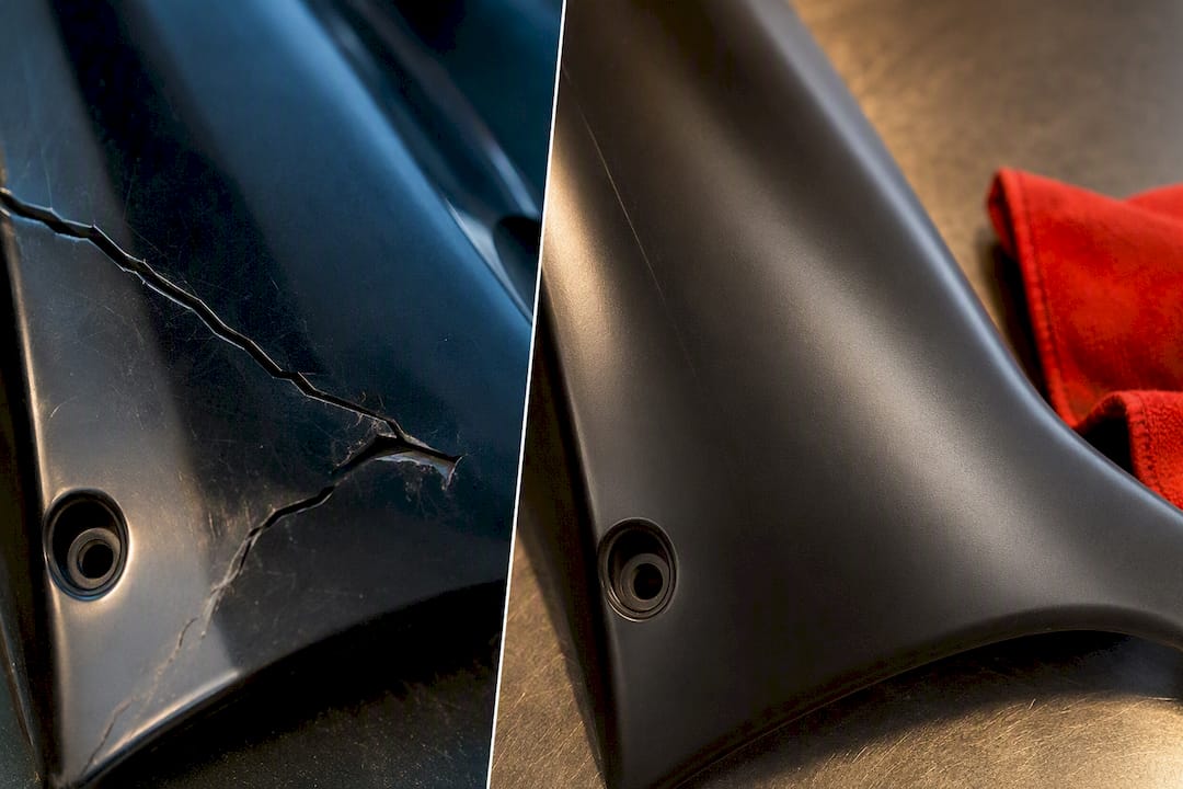 Motorcycle fairing crack before and after repair