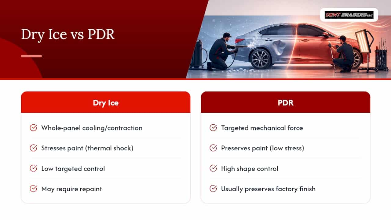 Why Dry Ice Dent Repair Fails, and How PDR Saves Your Paint 1 Dry Ice Versus Pdr Repair Comparison