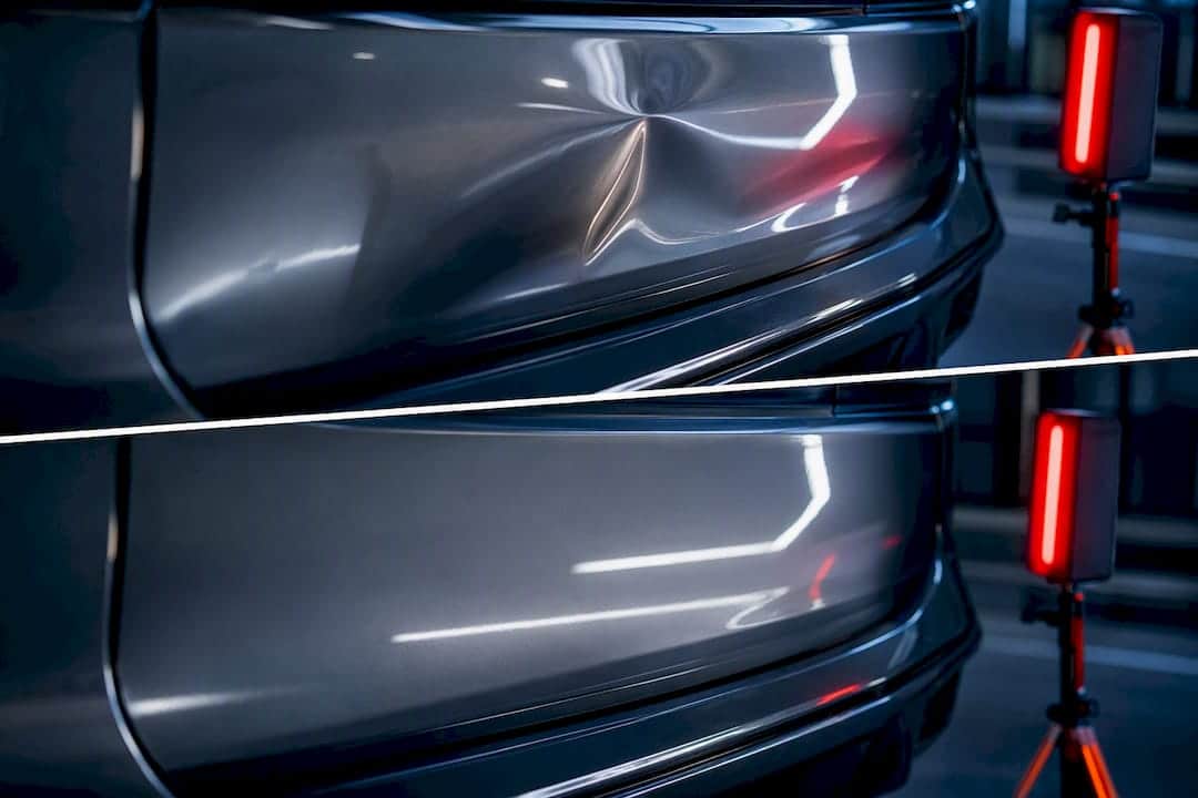 SUV tailgate dent before and after repair