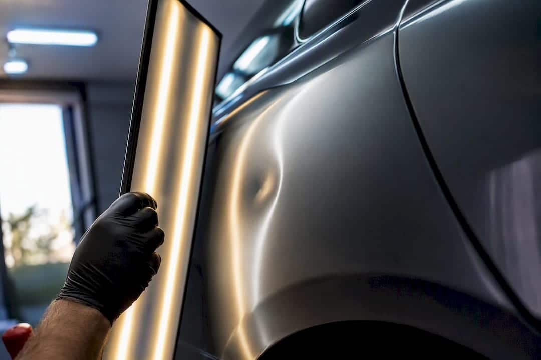 Technician inspecting quarter panel dent
