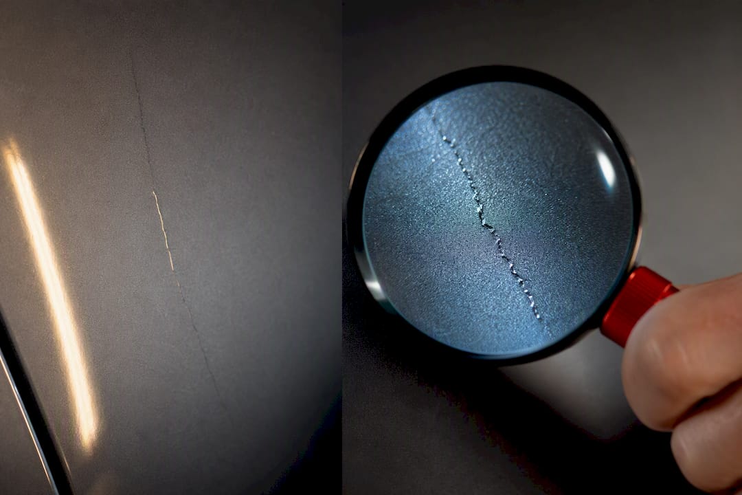 Cracked vehicle paint under magnification