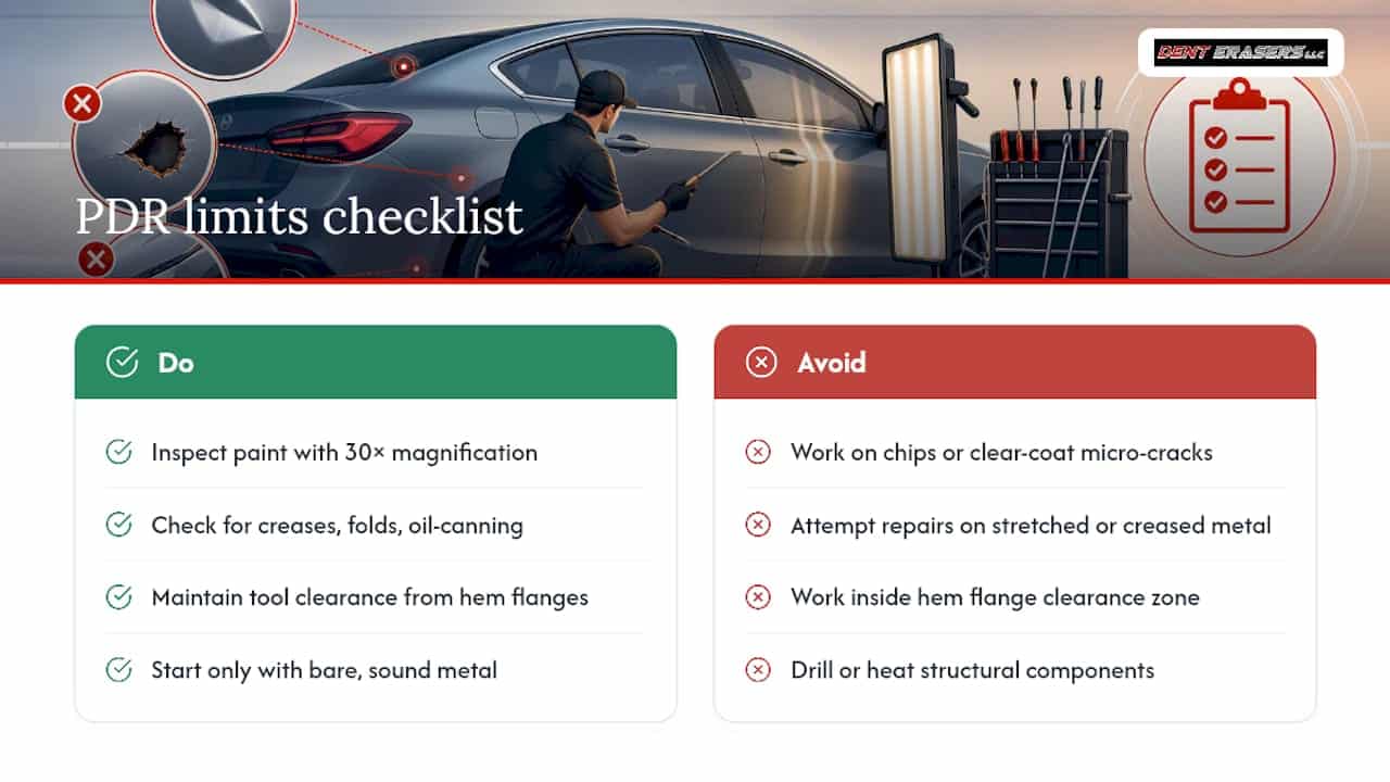 3 Signs PDR Won't Work and the Technician Checklist 1 Detailed Limits: Paint, Metal Stretch, Access, And Modern Materials — Overview Diagram
