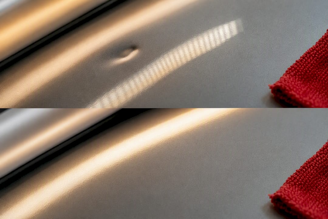 Inspection First: PDR After Paint Correction for Car Owners 1 Intact Clear Coat Beside Corrected Dent Area