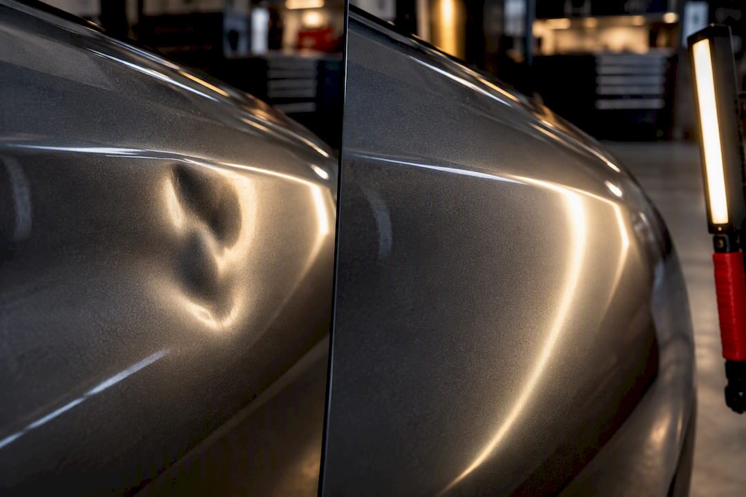 Before-and-after comparison of repaired vehicle panel