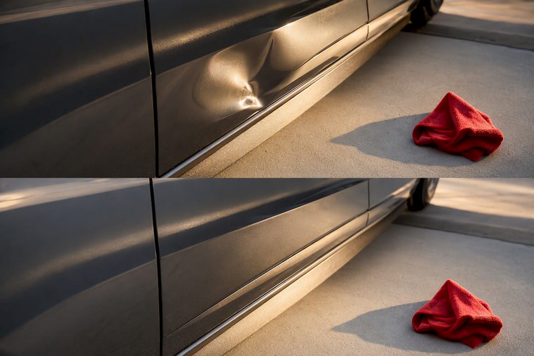 7 Steps to Prep for Vinyl Wrap and PDR Before You Book 1 Panel Photos Showing Damage Under Angled Light