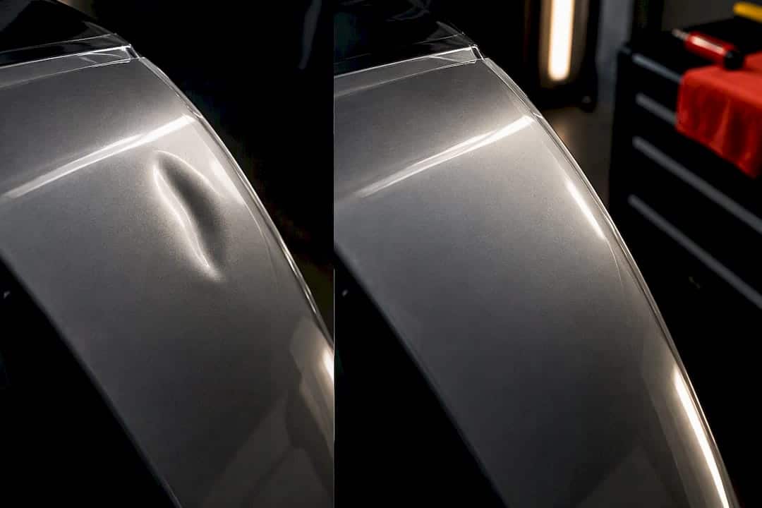 PPF-covered panel before and after dent repair