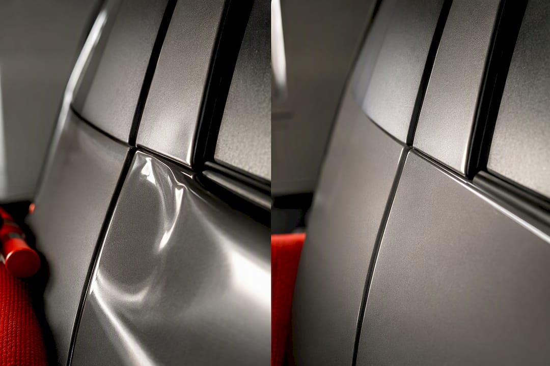 Before-and-after trim-edge dent repair detail