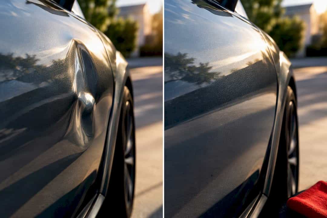 Custom-painted panel before and after PDR