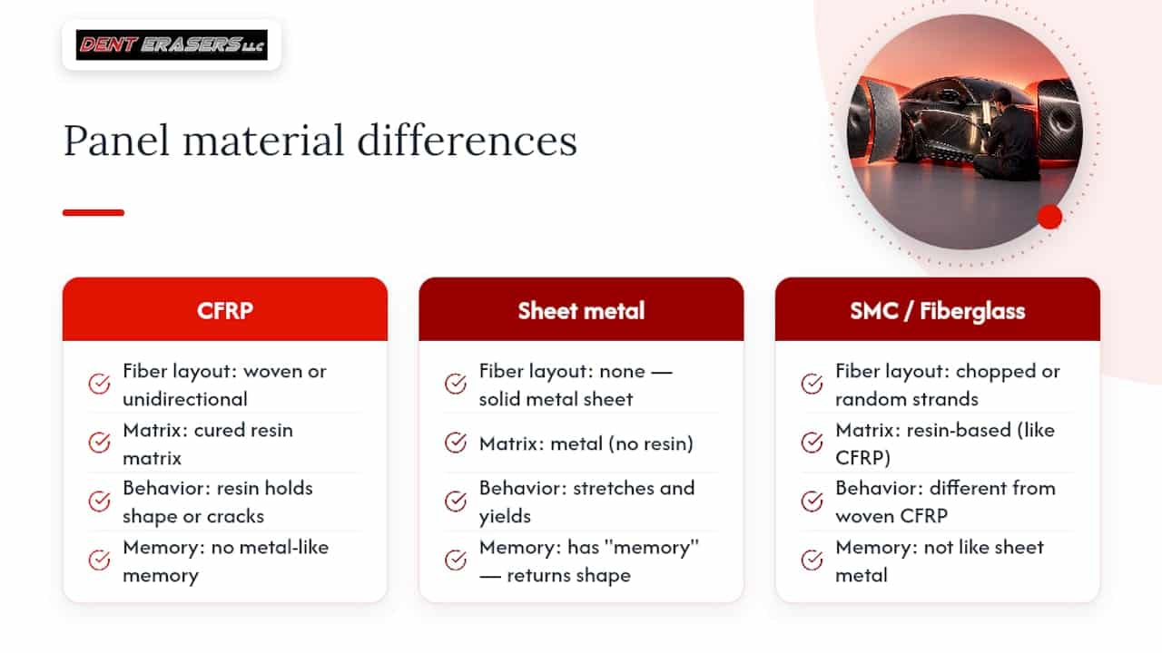 3 Checks Owners Need Before PDR on Carbon Fiber Panels 1 Cfrp, Metal, Smc And Fiberglass Comparison