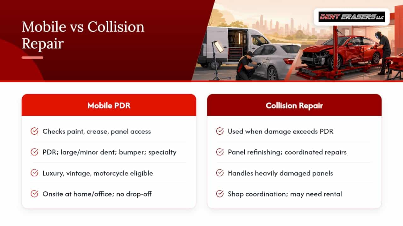 When Mobile PDR Works for Comprehensive vs Collision Damage in the US 1 How Denterasers Llc Handles Comprehensive And Collision Repairs — Overview Diagram