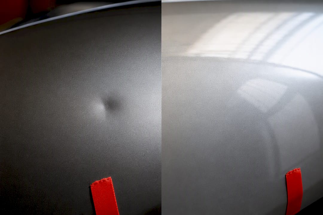 Before-and-after small dent repair panel detail