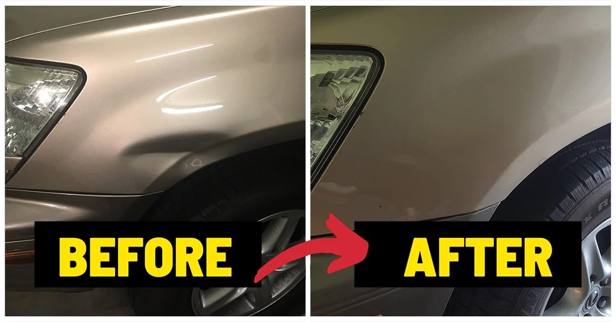 technician performing paintless dent removal on car fender