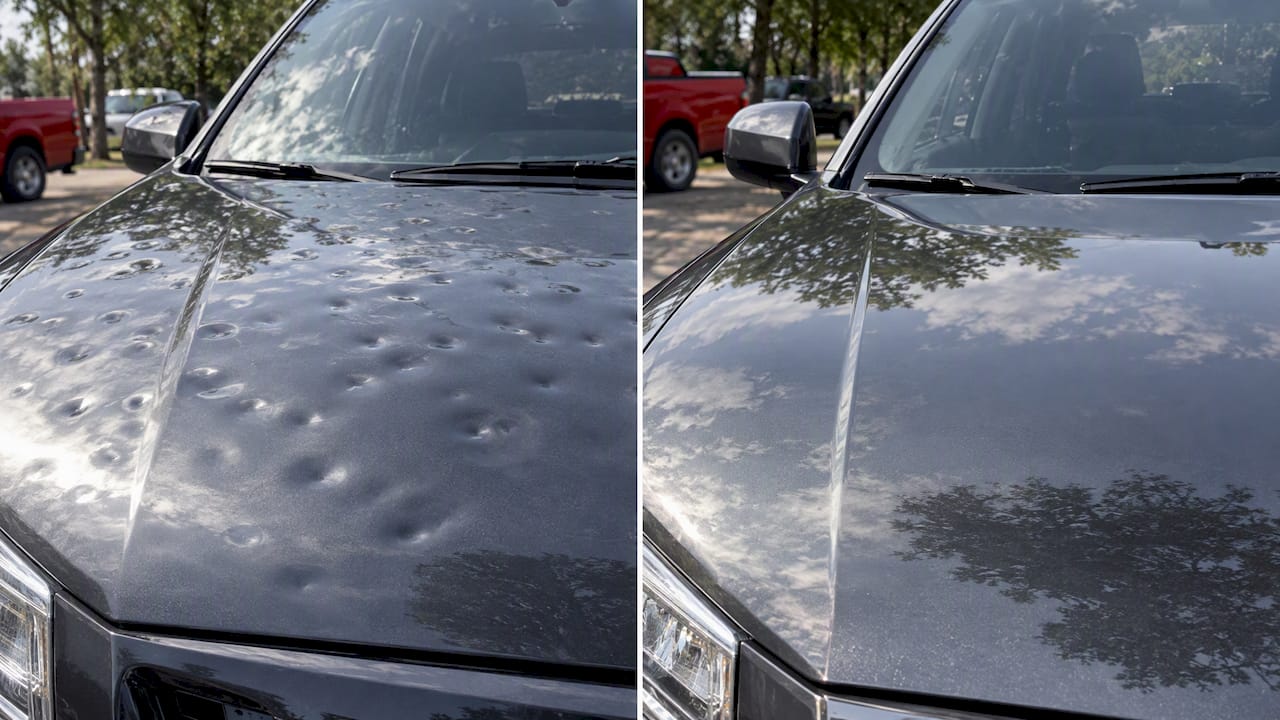 Hail-damaged vehicle panel before and after repair