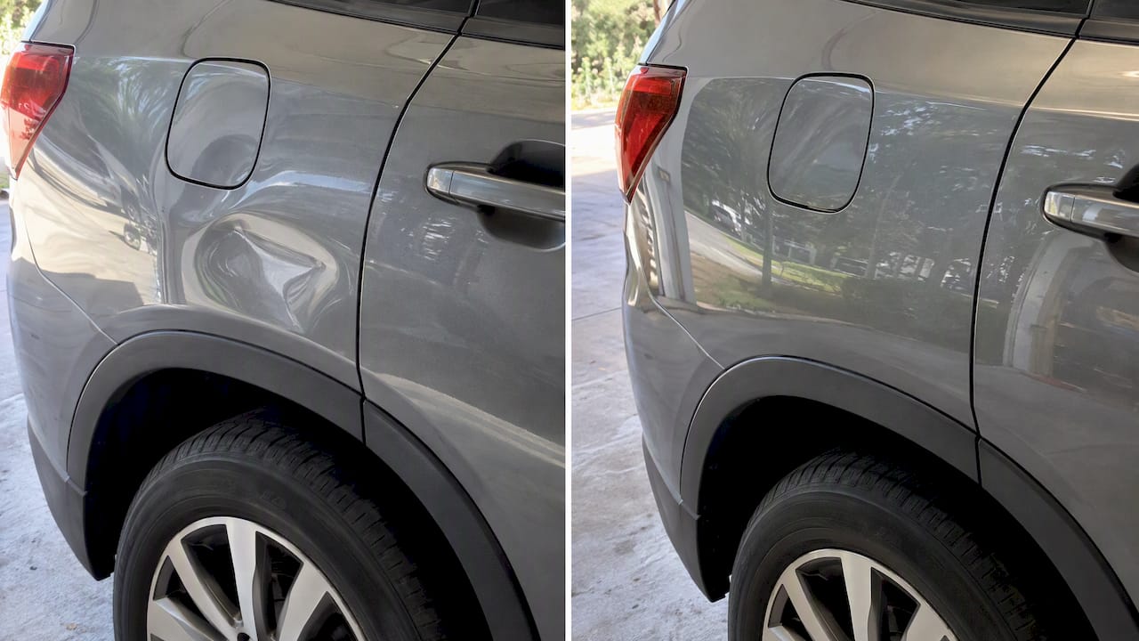 Before and after paintless dent repair result