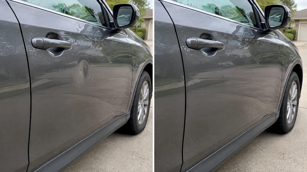 Door ding before-and-after repair comparison