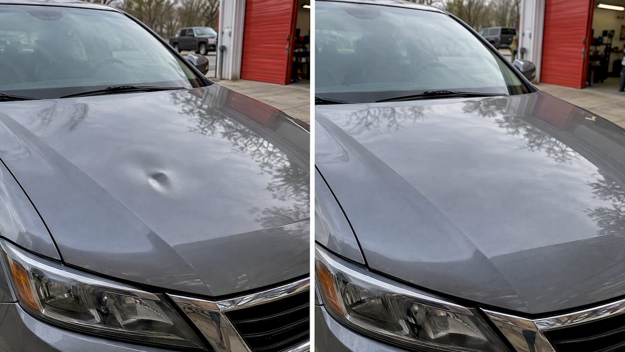 Before and after hood dent repair comparison