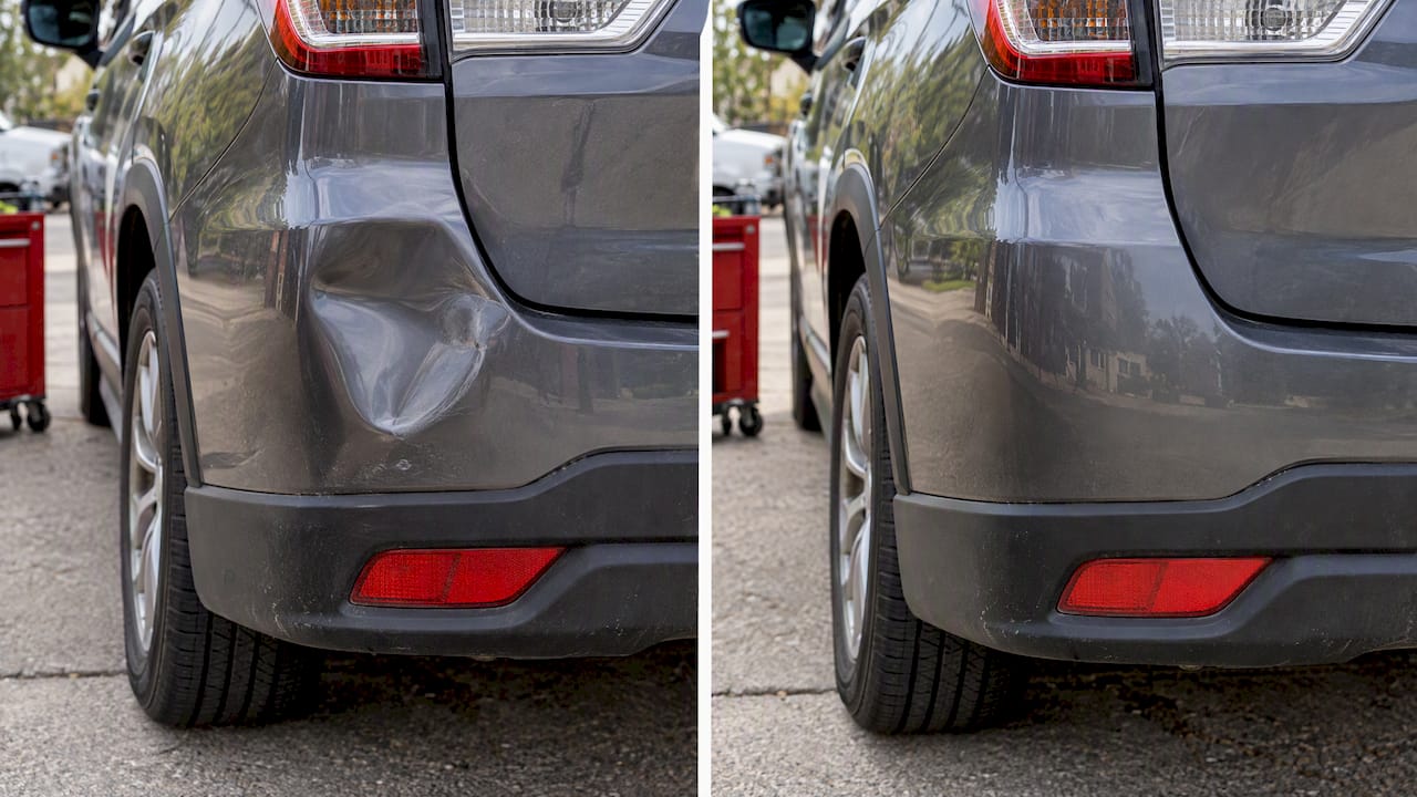 Before and after mobile dent repair panel