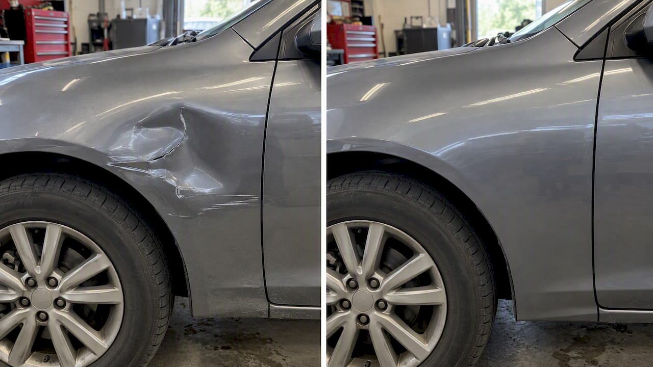 How Technicians Price Mobile Dent Repair: U.S. Costs and $50–$150 Examples 1 Cracked Paint Dent Before And After Repair