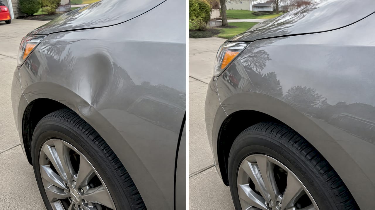 Before and after factory paint dent repair