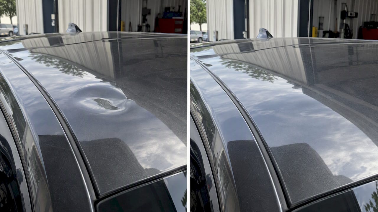 Roof dent before-and-after repair comparison from the library