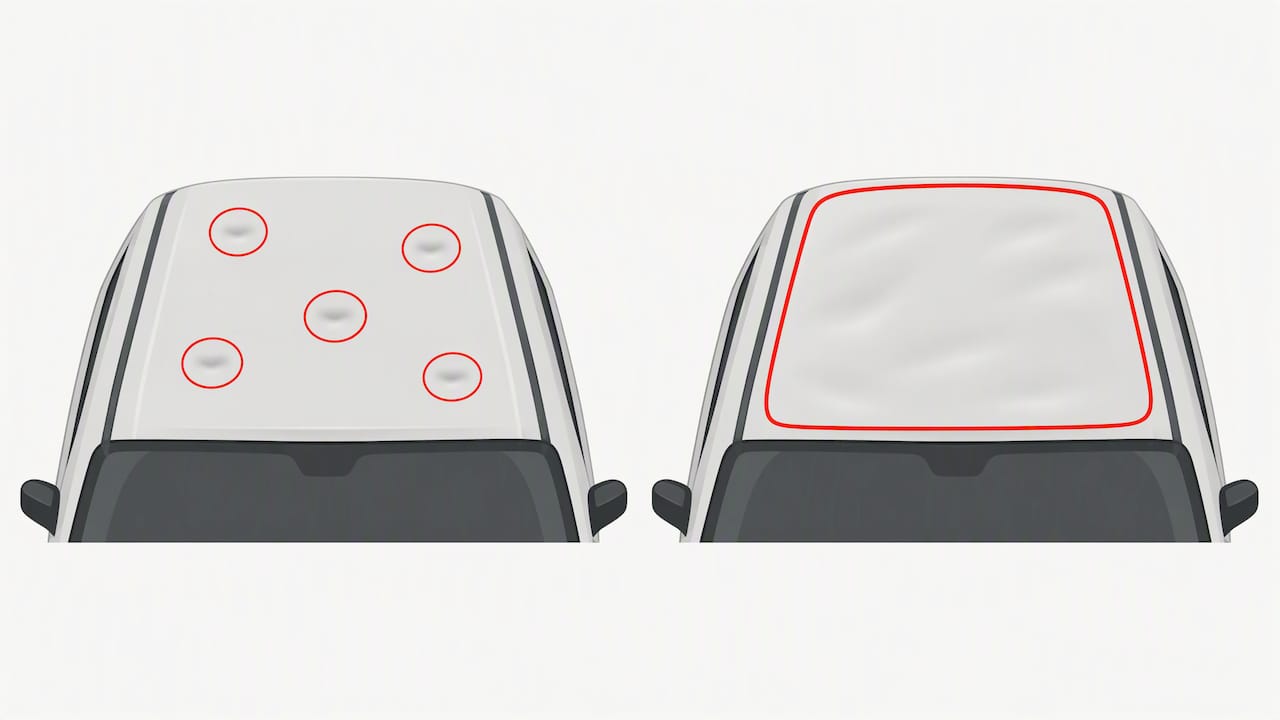 $150–$500: What U.S. Drivers Pay for Roof Dent Repair 1 Roof Panel Showing Individual Dents Versus One Panel