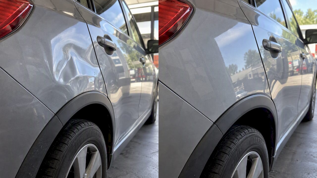 Before-and-after comparison of a repaired painted panel