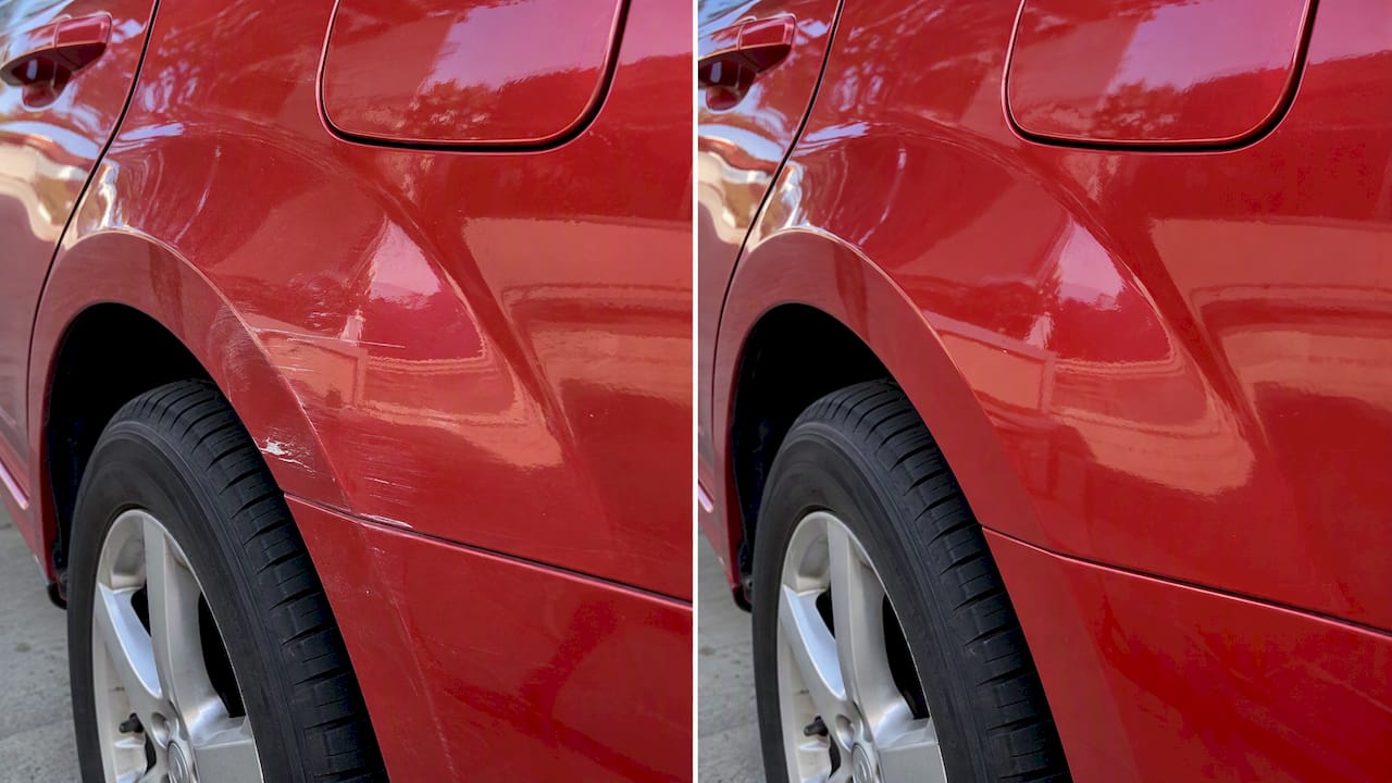 Close Before-And-After View Of A Spot-Repaired Paint Finish