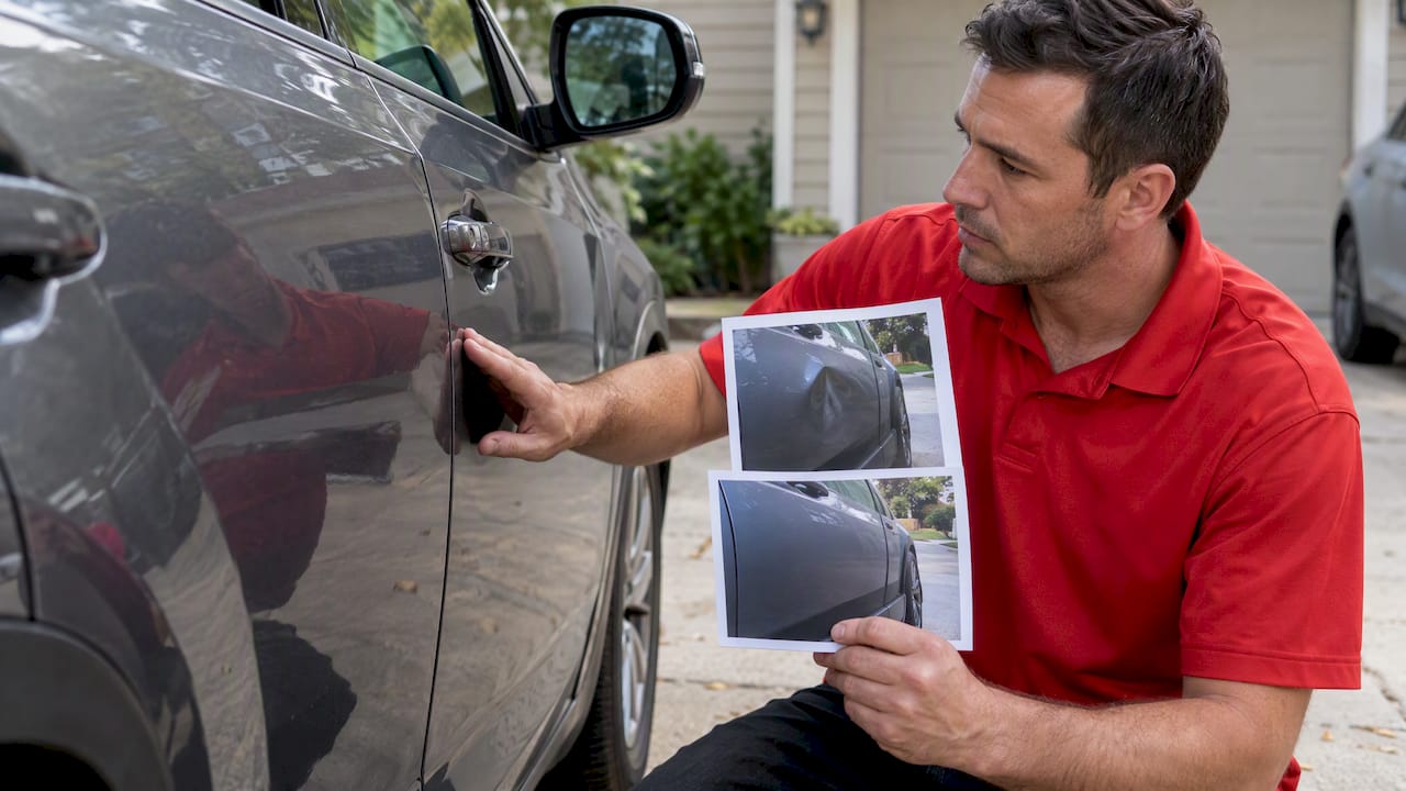 Technician checks panel beside repair photos