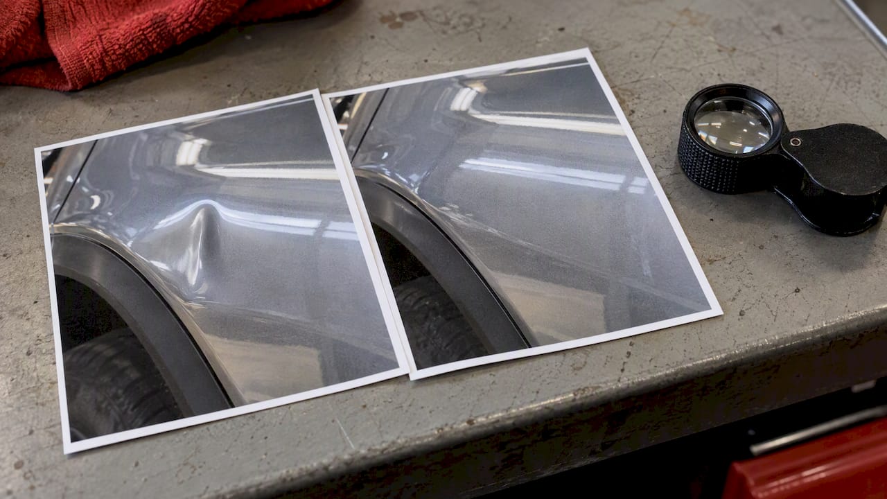 On Site PDR Safety for Owners: 3 Checks and OEM Limits 1 Before-And-After Panel Photos Beside Magnifier