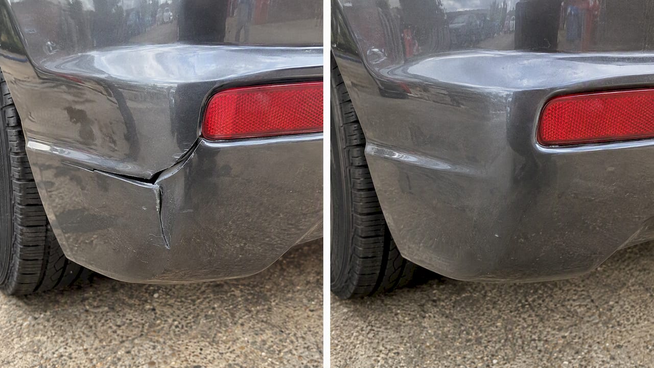 Cracked plastic bumper shown before and after repair