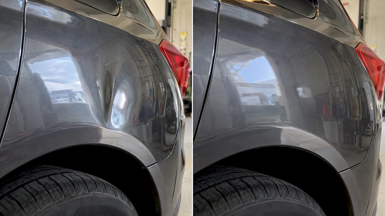 Intact-paint dent shown before and after PDR