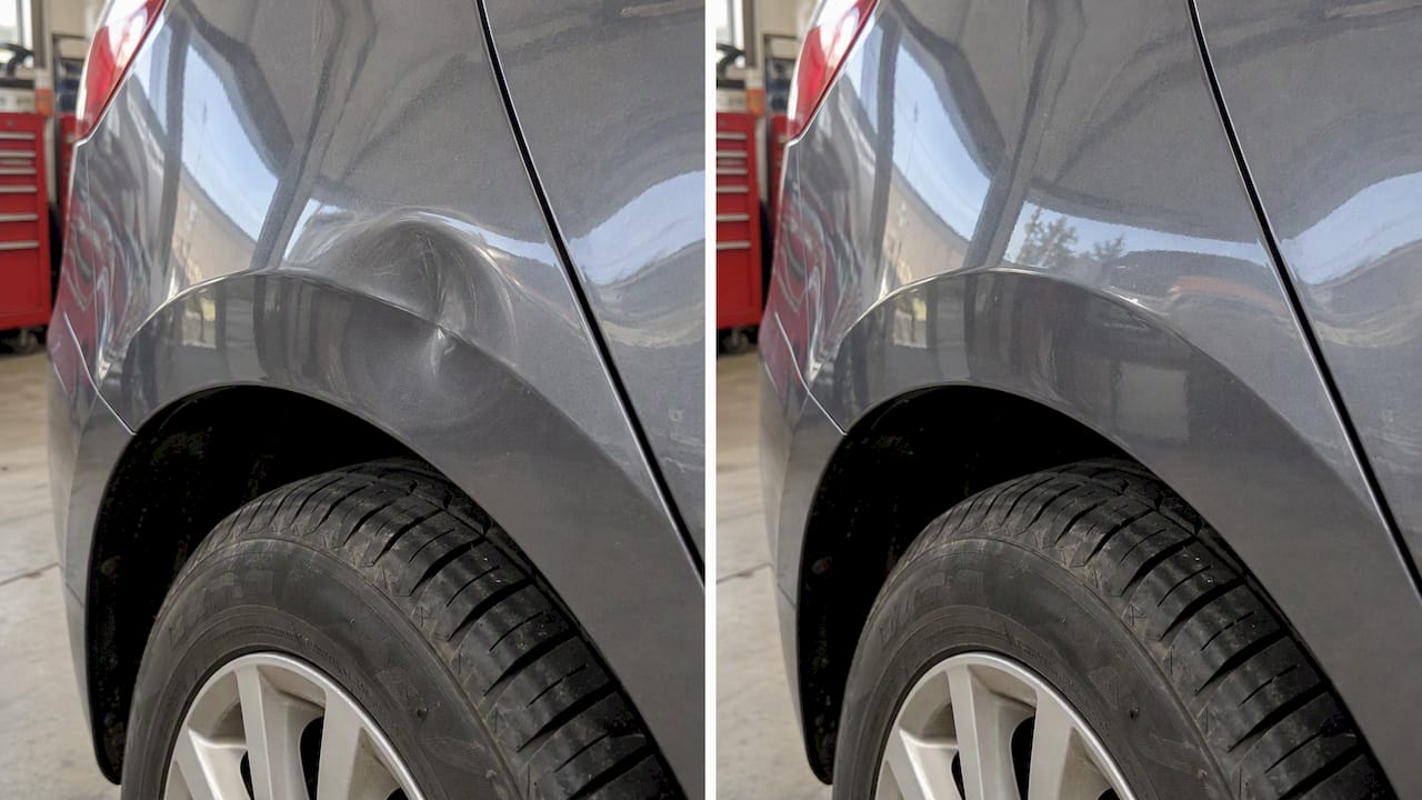 Wheel arch dent shown before and after repair