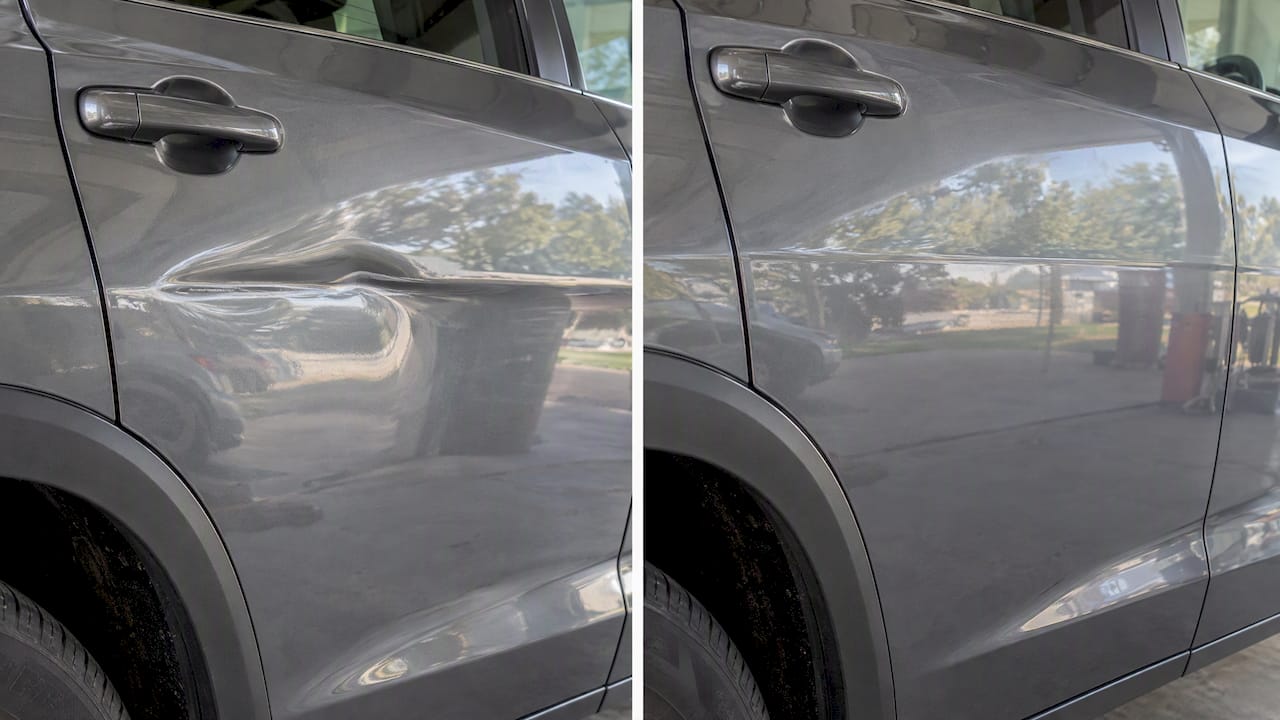 Body-line dent shown before and after repair