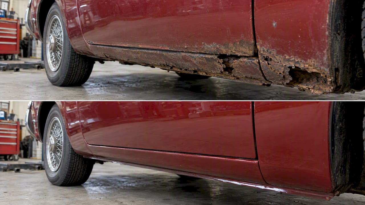 Classic car rocker panel before and after