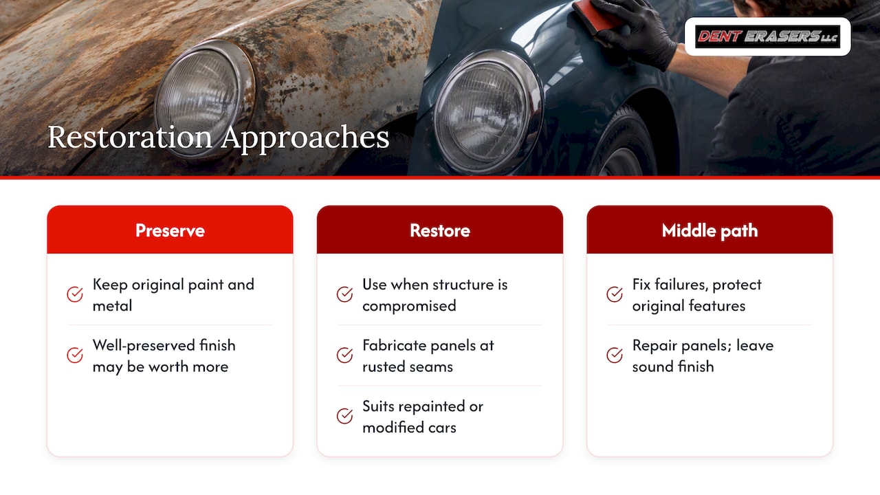 Classic Car Bodywork: Rust Needs a Shop, Dents May Not 2 Should You Preserve Originality Or Restore A Classic Car Completely? — Overview Diagram
