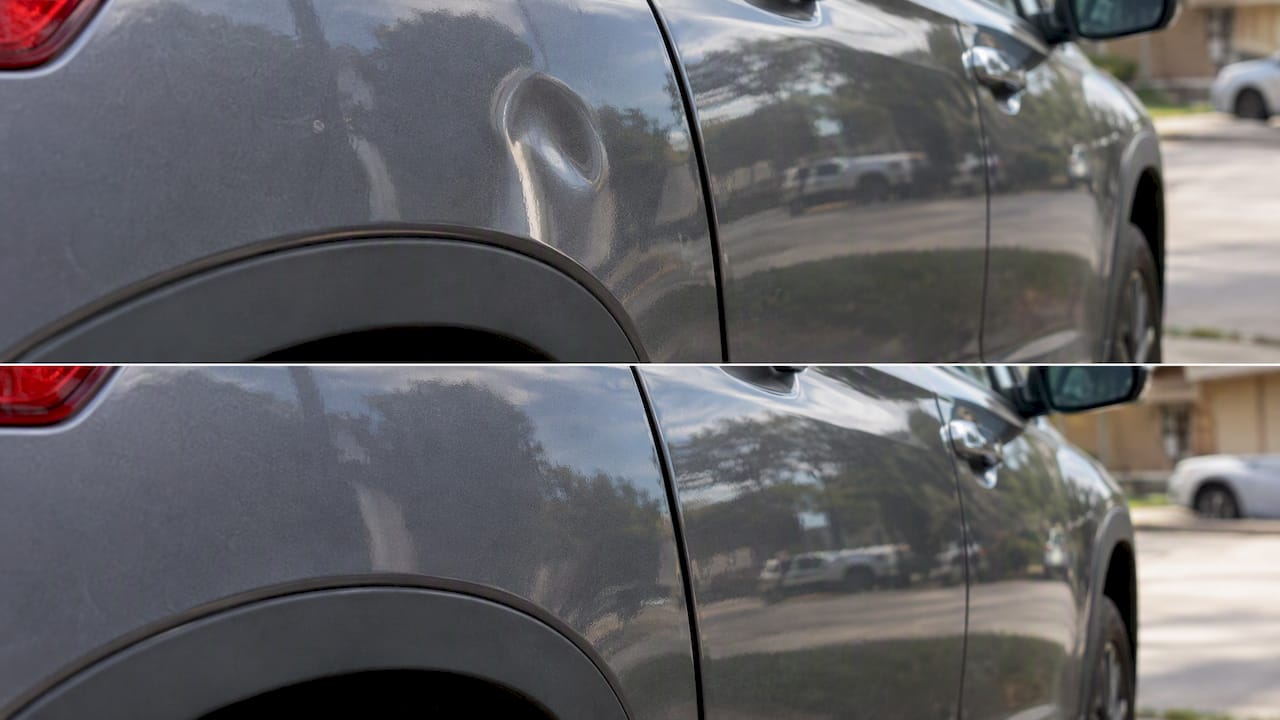 Golf-ball dent before and after PDR repair