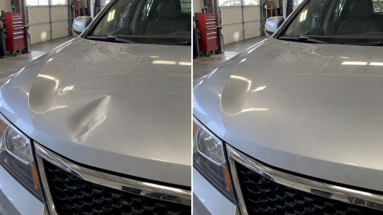 Alameda 71 Before-And-After Aluminum Hood Dent Repair