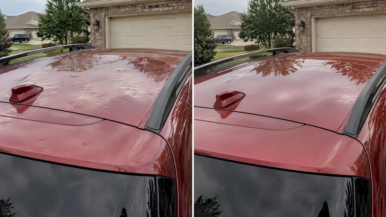 Hail-dented car roof before and after repair
