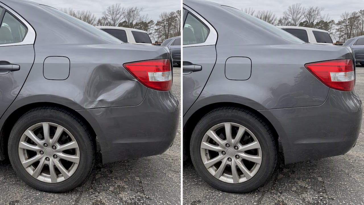Rear-quarter crease before and after repair