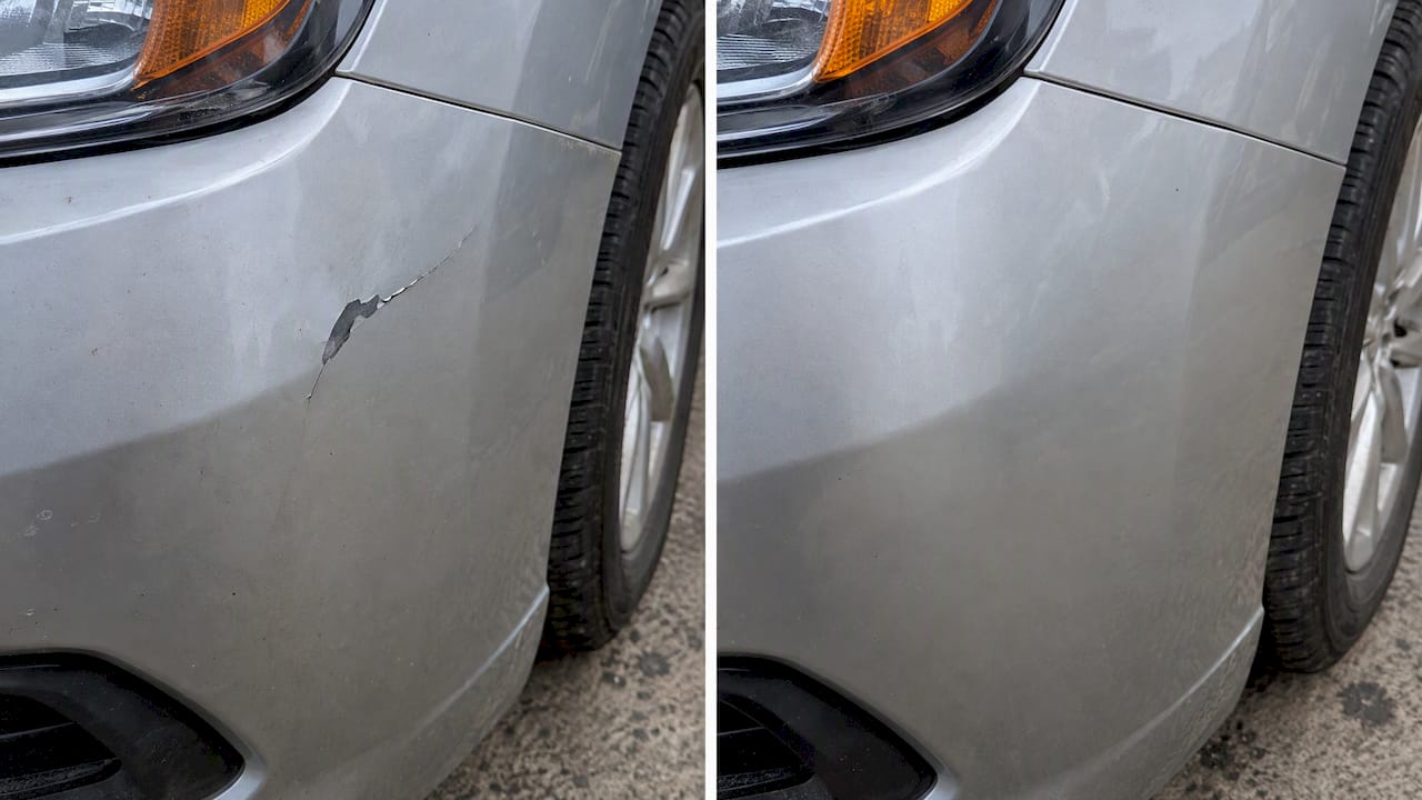 Driveway Dent Repair: Can Your Dent Be Fixed at Home? 1 Cracked Paint Shown Before And After Repair