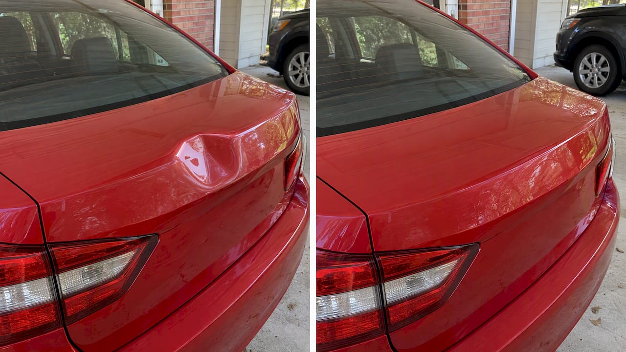 Before-and-after shows dent repaired with factory paint intact