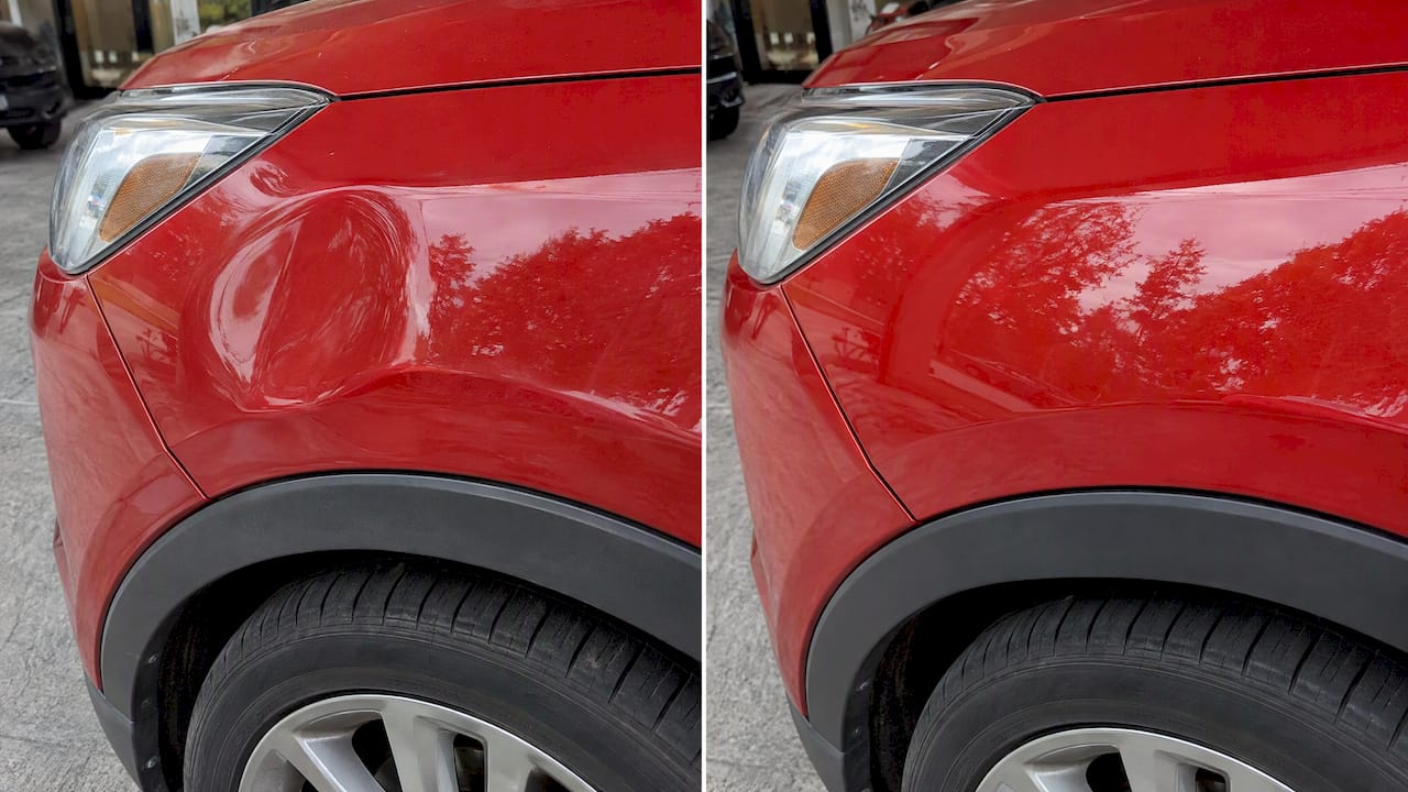 Red vehicle panel before and after dent repair