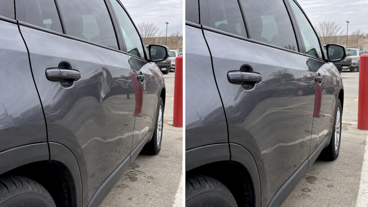 SUV rear door dent before and after repair