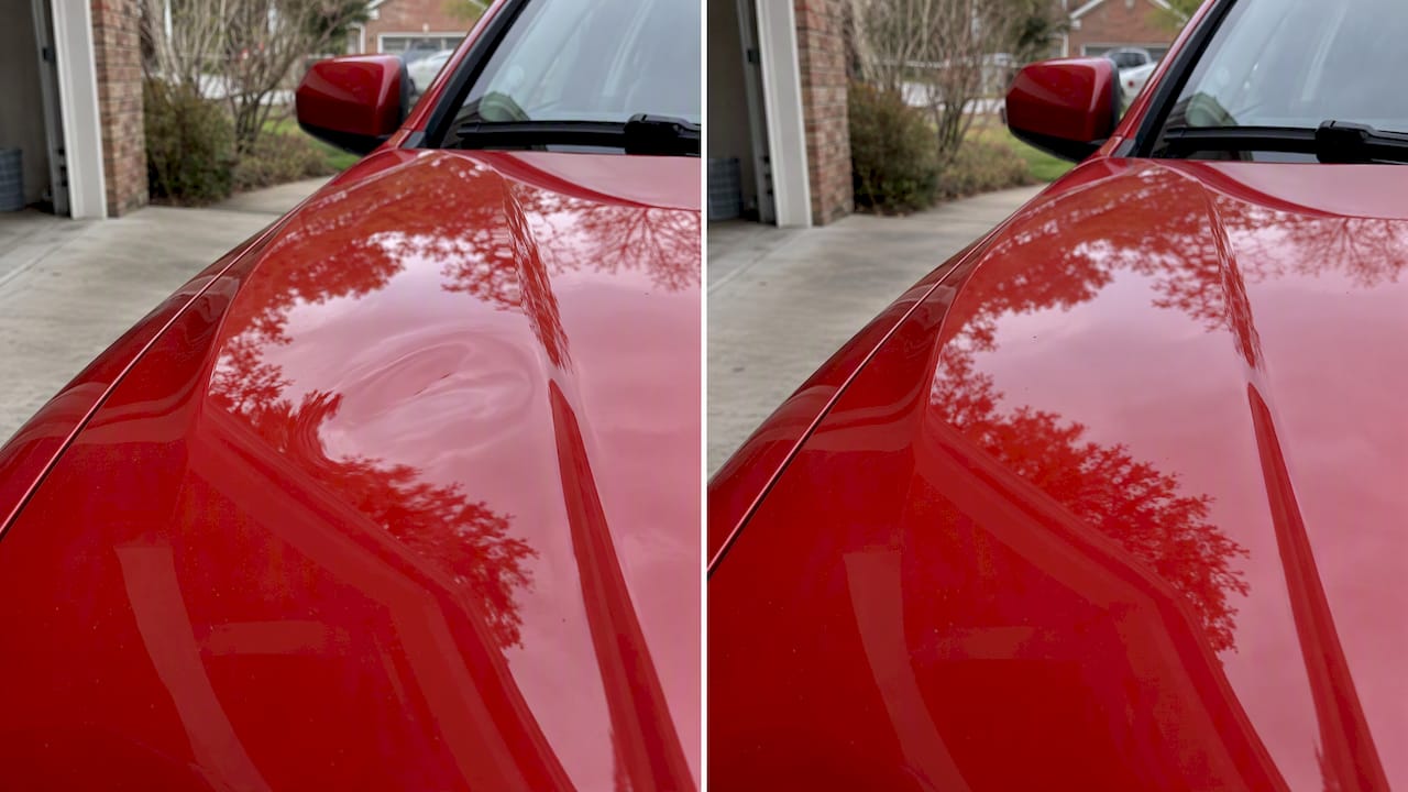 Red hood before and after clearcoat-safe dent repair