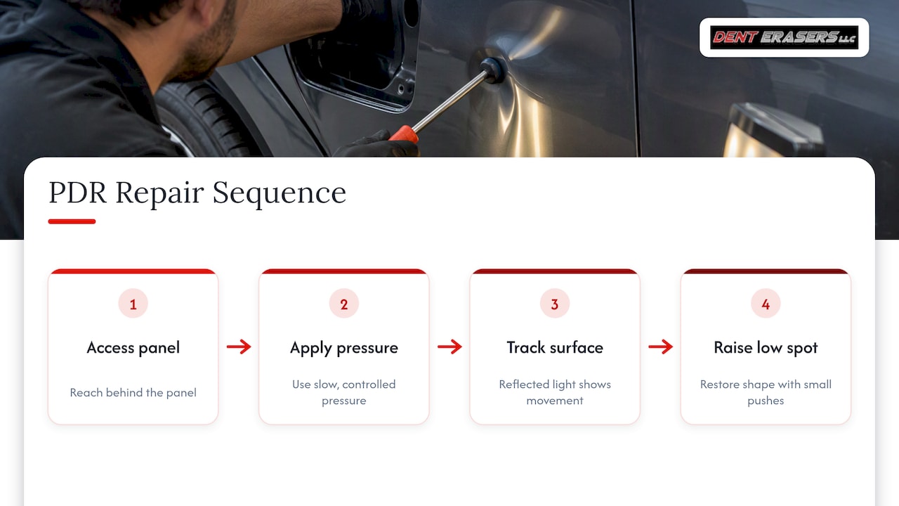 Clearcoat-Safe Dent Repair: When PDR Protects Your Paint 1 Steps Showing How Pdr Restores A Dent