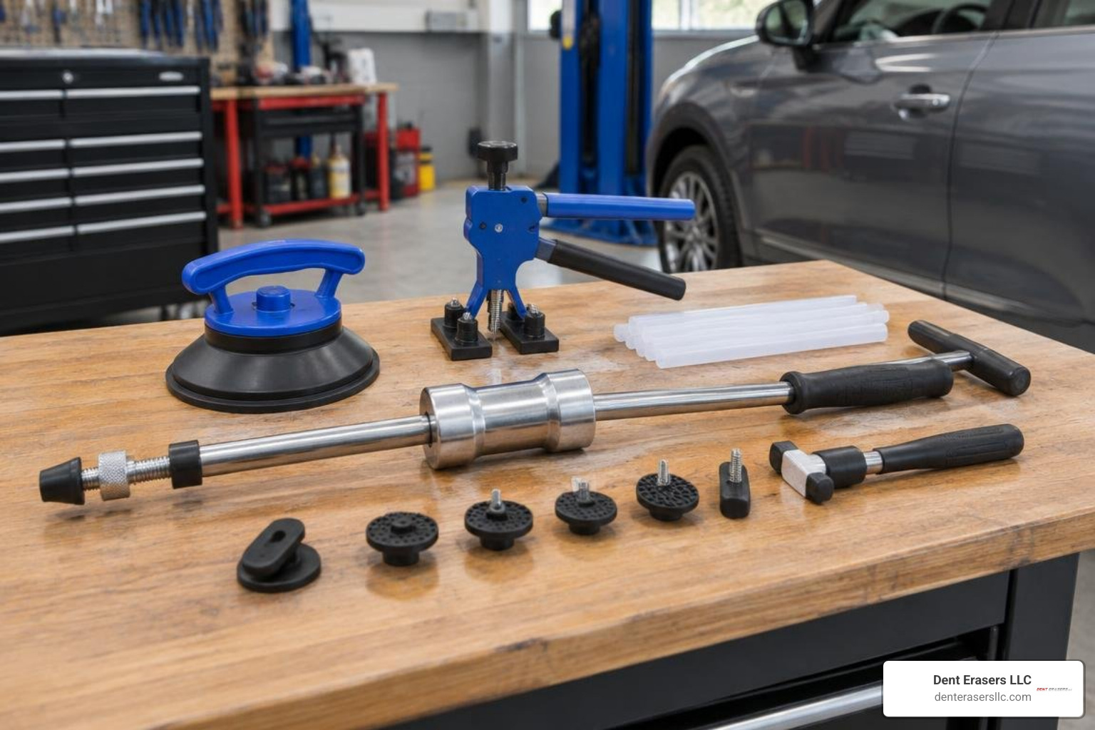 dent puller tools on an auto body workbench